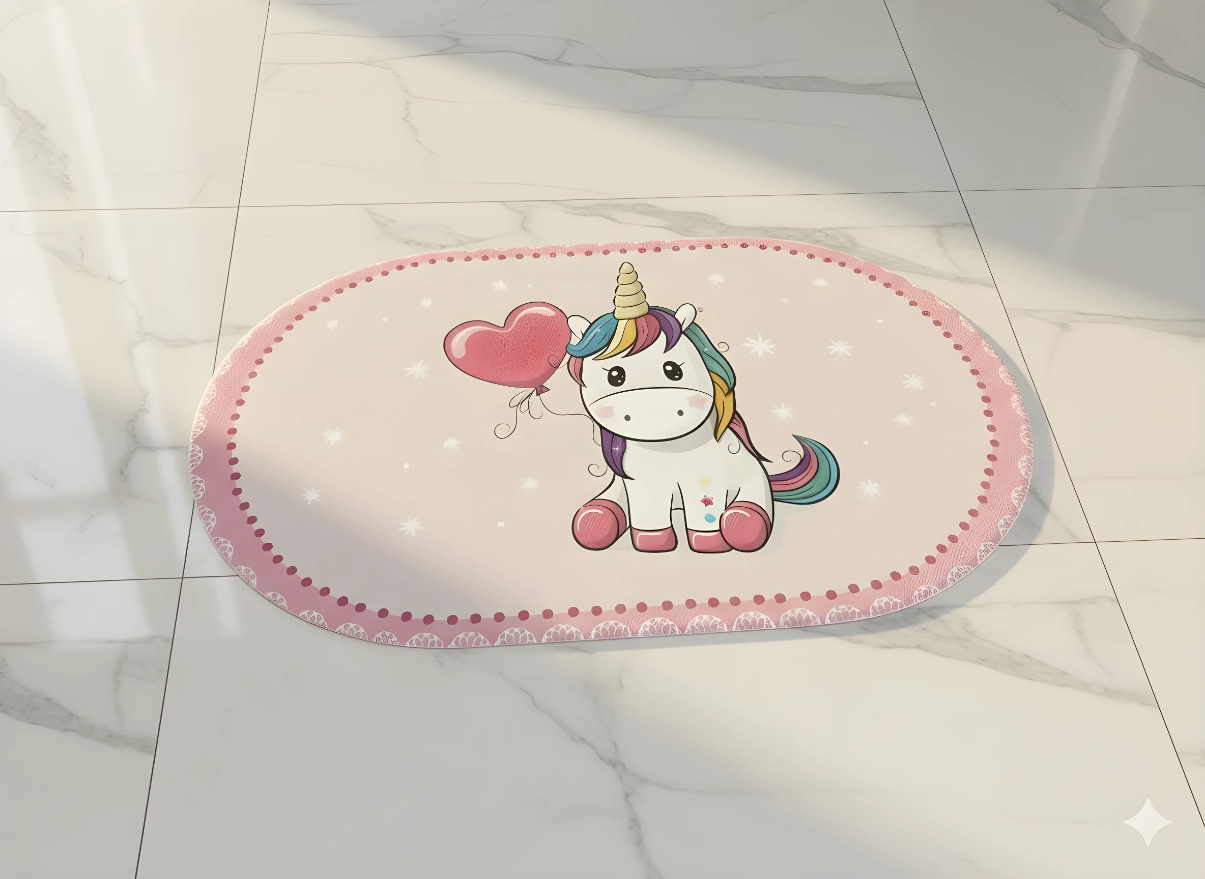 Tapete ovalado rosa con unicornio sentado, globo de corazón, borde de encaje y lunares.