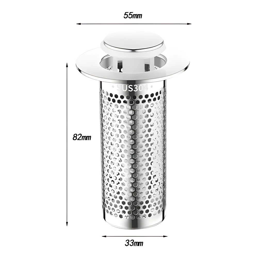 Filtro tapón para lavabo de acero inoxidable SUS304, blanco y plateado, 55mm x 82mm x 33mm.