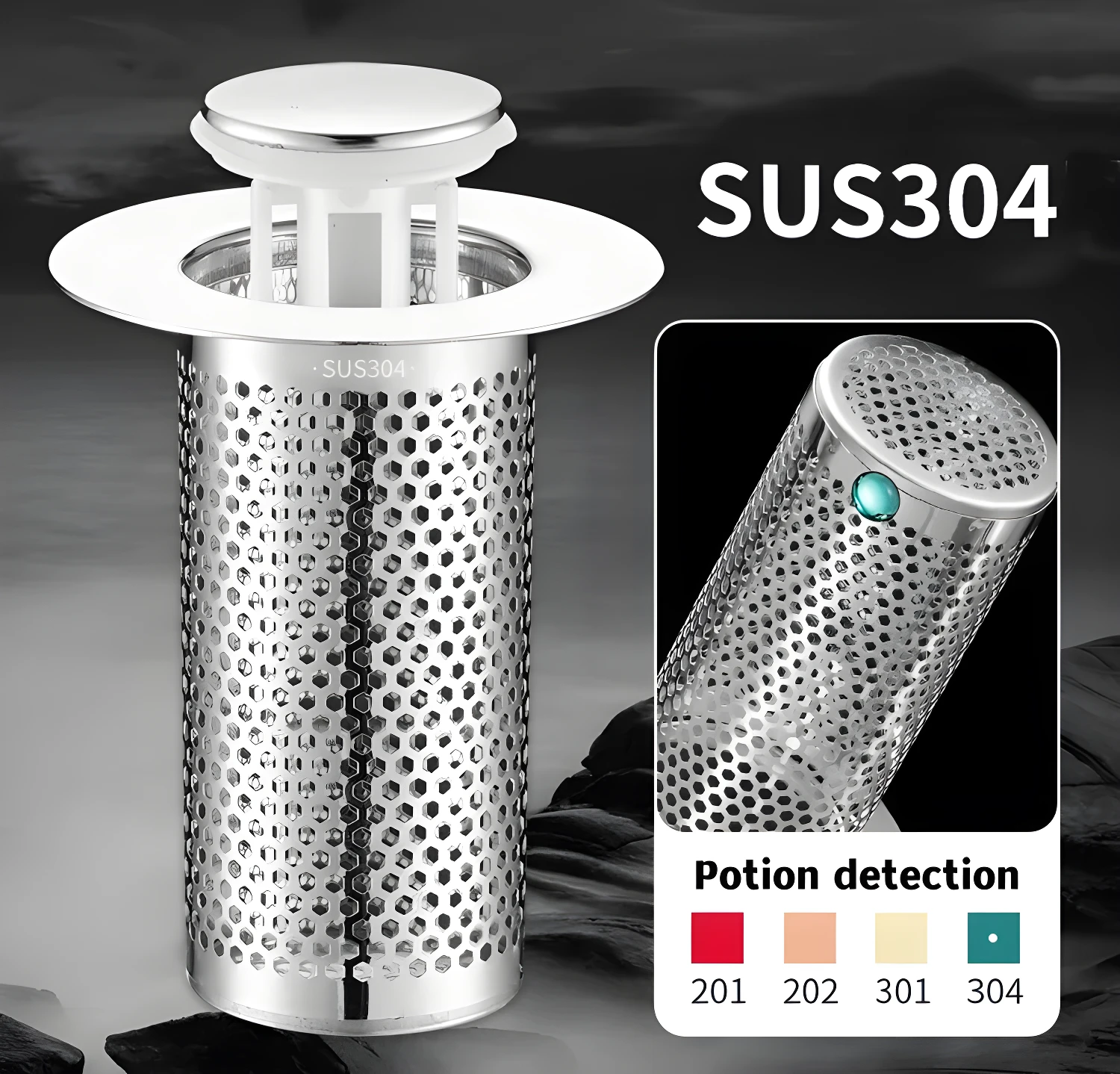 Tapón de desagüe para lavado en acero inoxidable SUS304 con filtro de malla hexagonal, incluye indicador de detección de pociones.