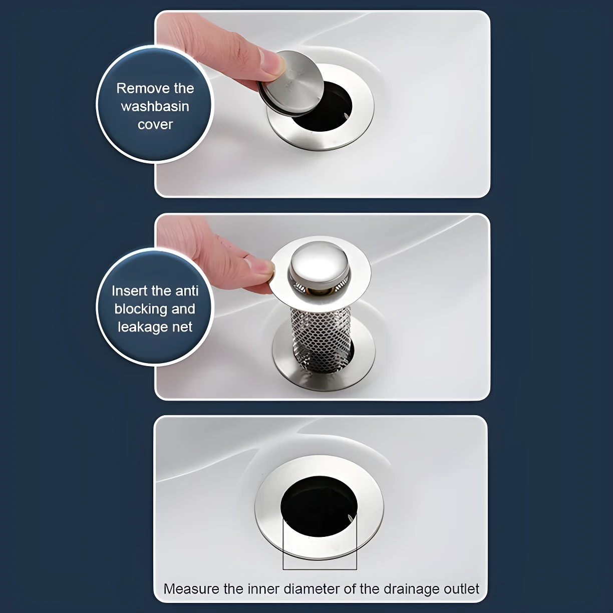 Tapón para desagüe de lavabo en acero inoxidable, con filtro anti-obstrucción y anti-fugas.