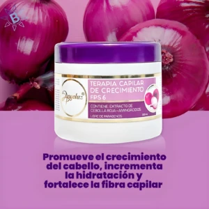 Tarro de crema capilar Anyeluz con extracto de cebolla roja para crecimiento, hidratación y fortalecimiento del cabello.
