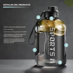 Termo botella 1.7 litros gris, con cítricos, diseño ergonómico para deportes.