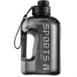 Botella termo gris oscuro de 1.7 litros con asa ergonómica y correa. Ideal para deportes.