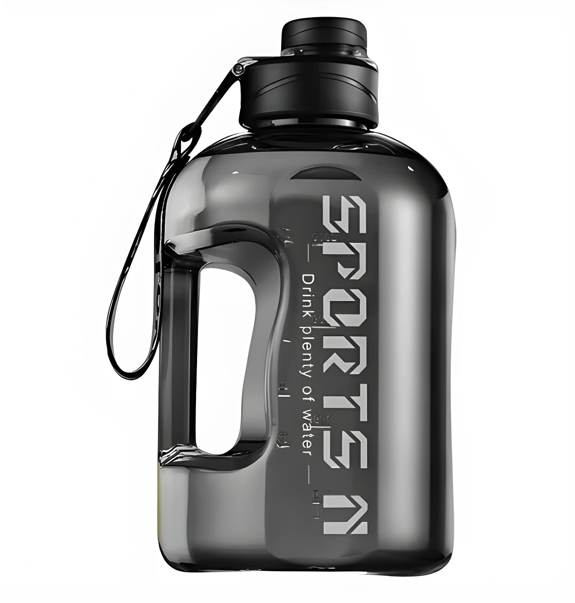 Botella termo gris oscuro de 1.7 litros con asa ergonómica y correa. Ideal para deportes.