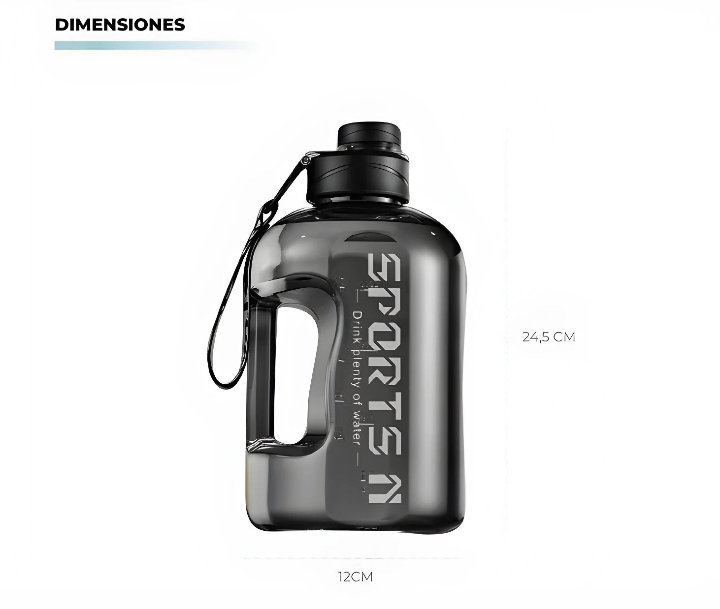 Termo botella de agua deportiva negra 1.7 L. Mide 24.5 cm alto x 12 cm ancho. Ideal para hidratación.