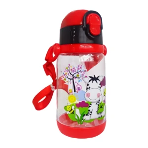 Termo botella roja con pitillo, diseño de cebra y abejita, ideal para niños.