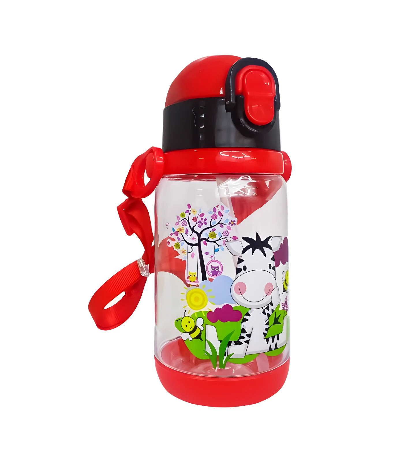 Termo botella roja con pitillo, diseño de cebra y abejita, ideal para niños.