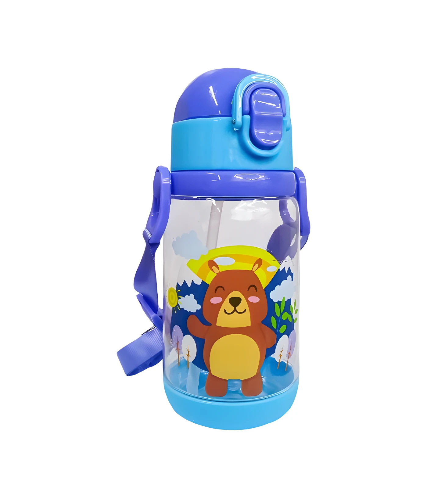 Botella termo azul y morada con pitillo, diseño de oso y paisaje, ideal para niños.