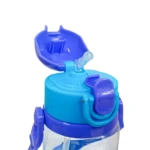 Termo azul y celeste para agua con pitillo, tapa abierta y seguro.