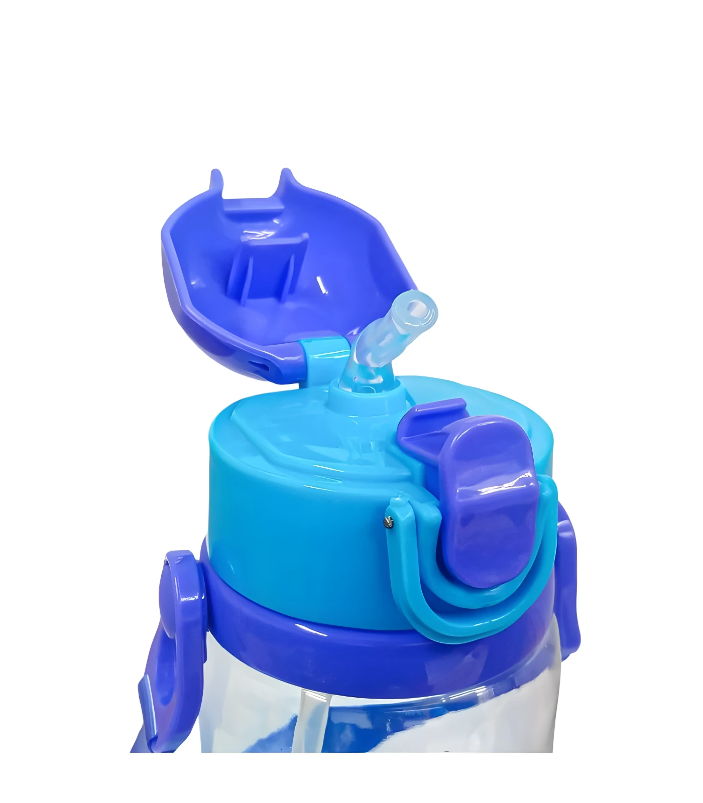 Termo azul y celeste para agua con pitillo, tapa abierta y seguro.