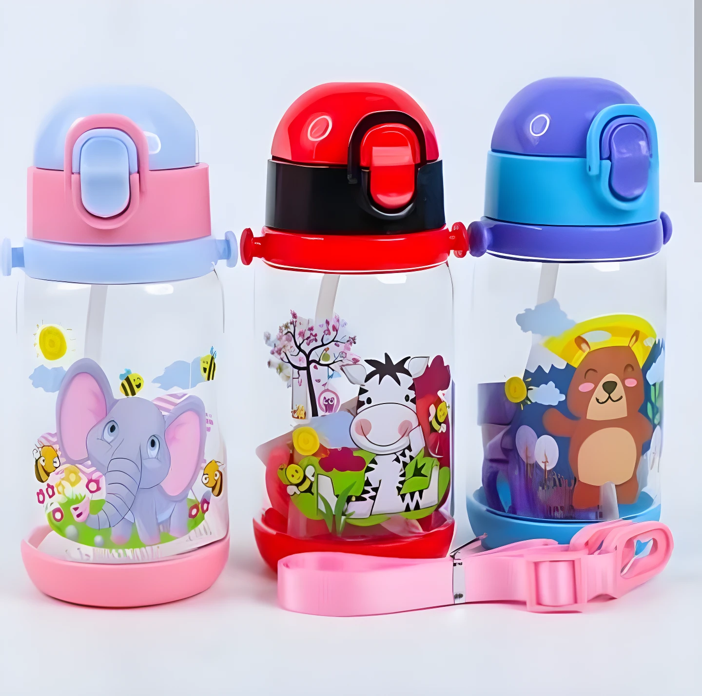 Tres termos para agua con pitillo y caricaturas: elefante rosa, cebra roja y oso azul.