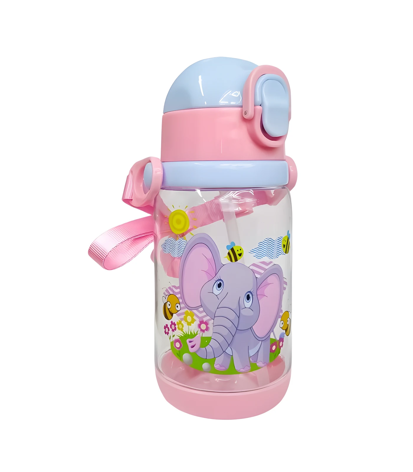 Botella para agua infantil transparente con diseño de elefante y abejas, tapa rosada con pitillo y correa rosada.