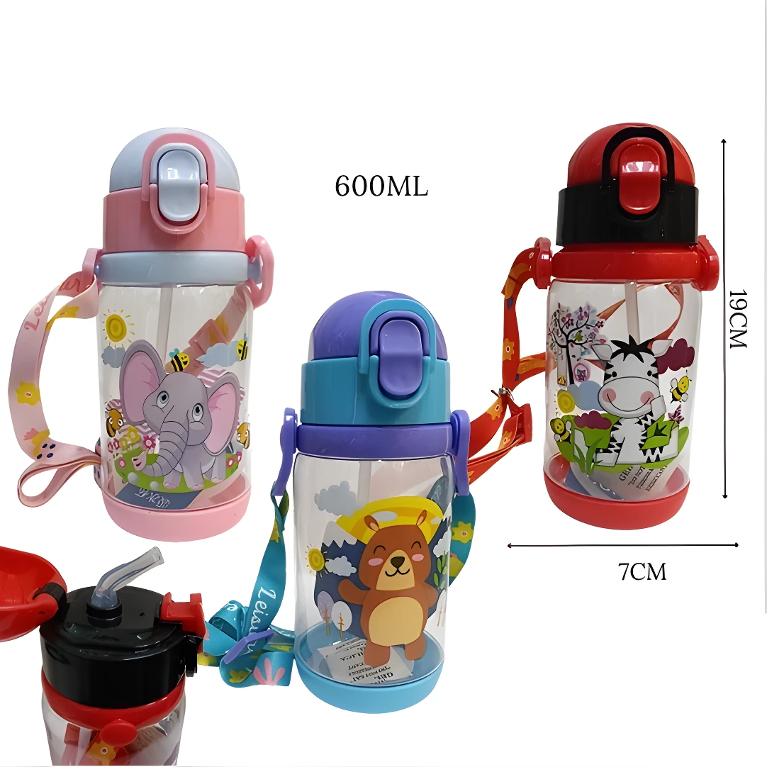 Set de 3 termos 600ml, 19cm, 7cm, con pitillo, diseños infantiles de elefante, vaca y oso.