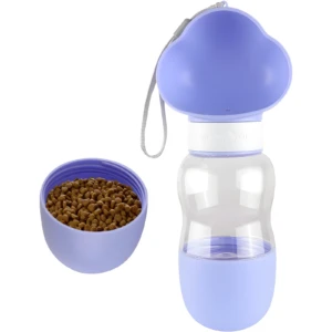 Set azul lavanda para mascotas: dispensador de agua y tazón con comida, ideal para paseos.