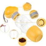 Termo dispensador de agua amarillo para mascotas con comedero integrado.