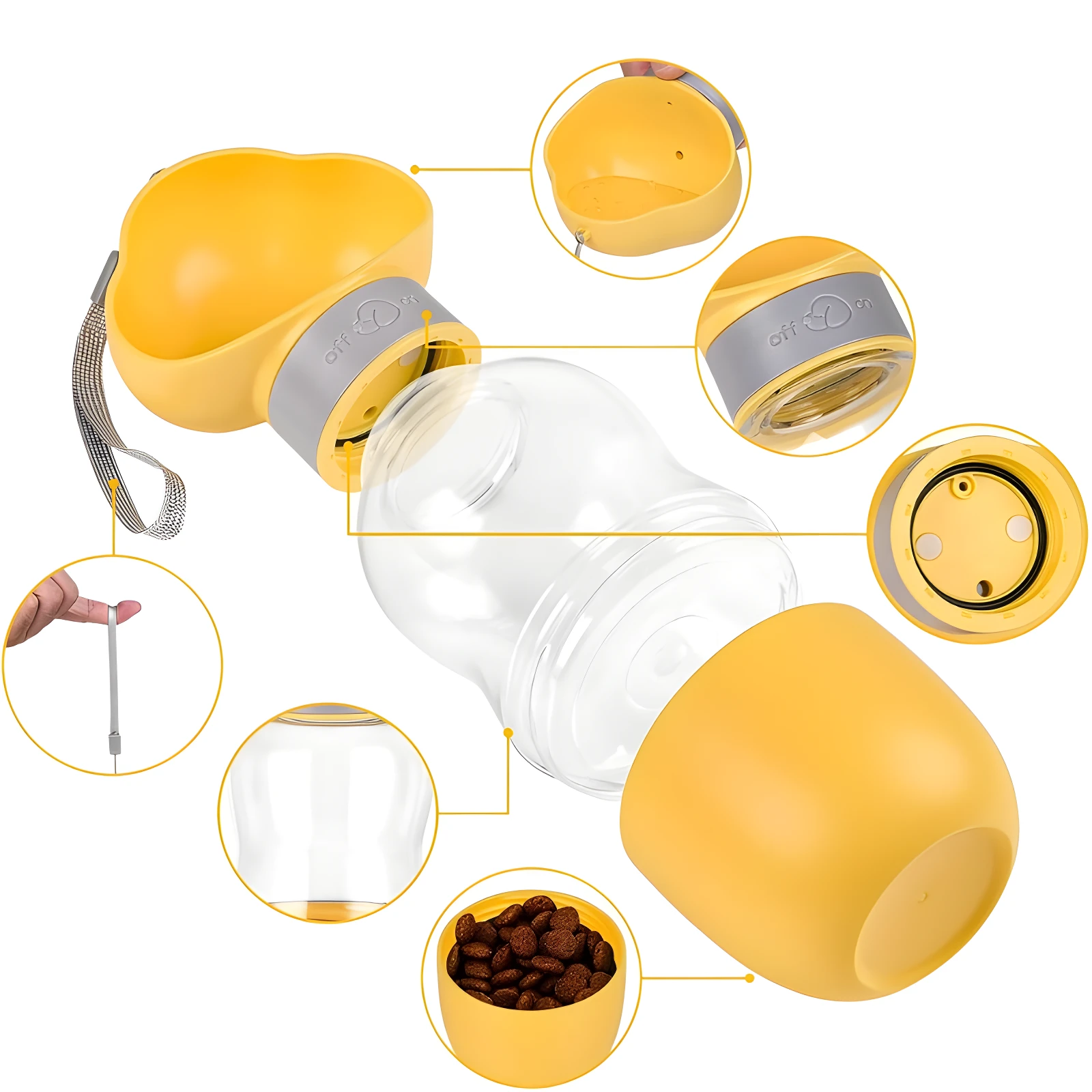 Termo dispensador de agua amarillo para mascotas con comedero integrado.