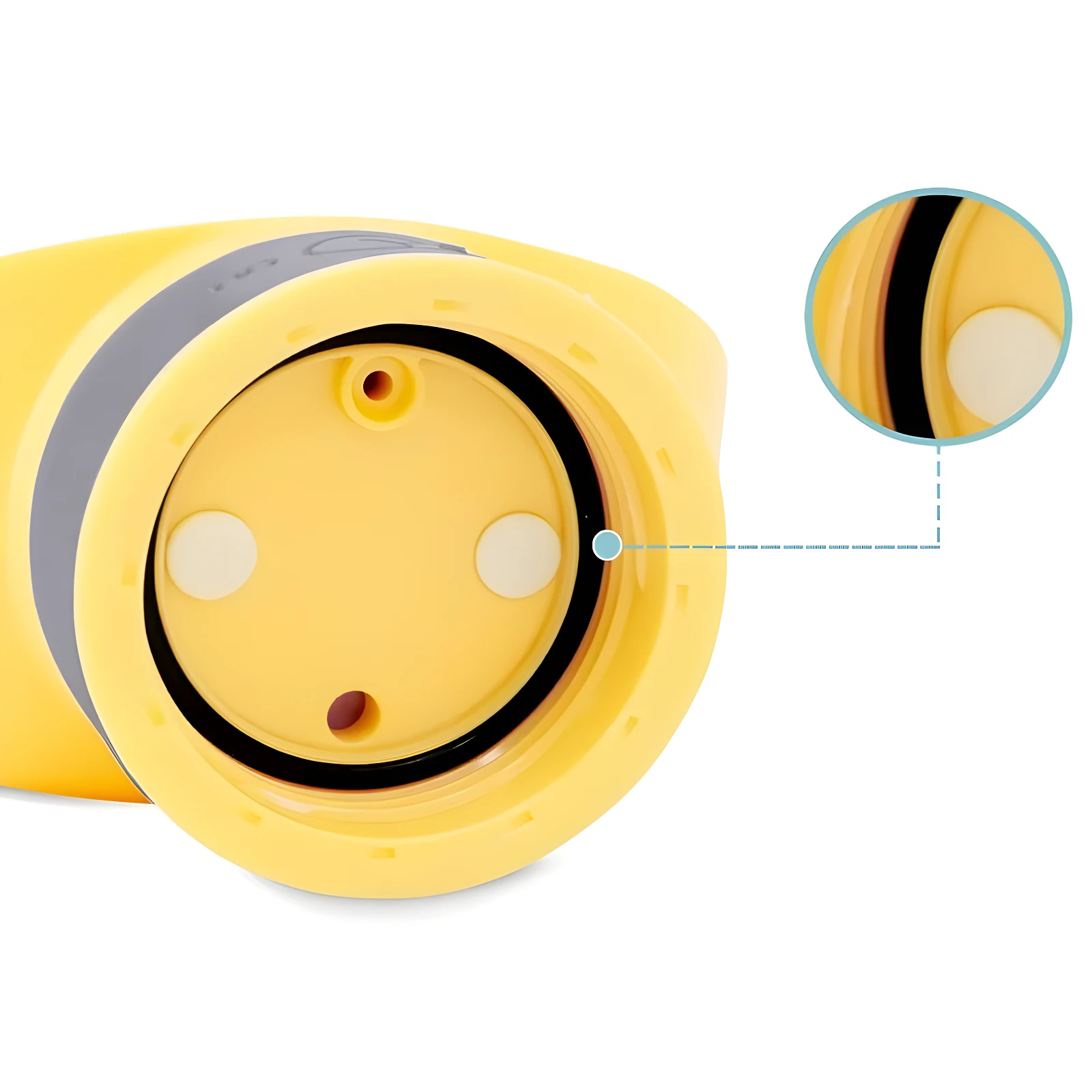 Termo dispensador de agua para mascotas amarillo, detalle de boquilla con dosificador y zona de seguridad para evitar derrames.