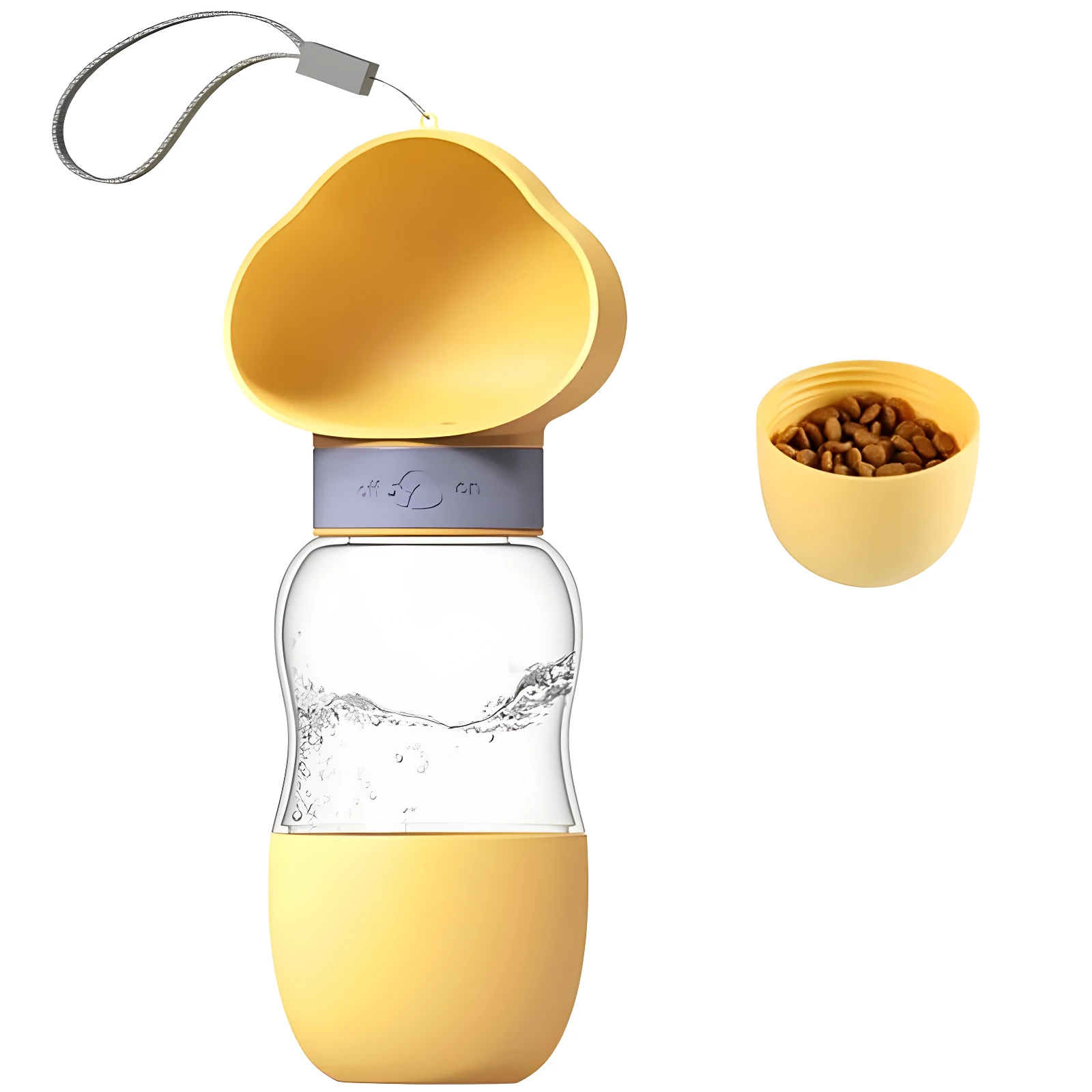 Termo dispensador agua amarilla para mascotas con comedero anexo y correa.