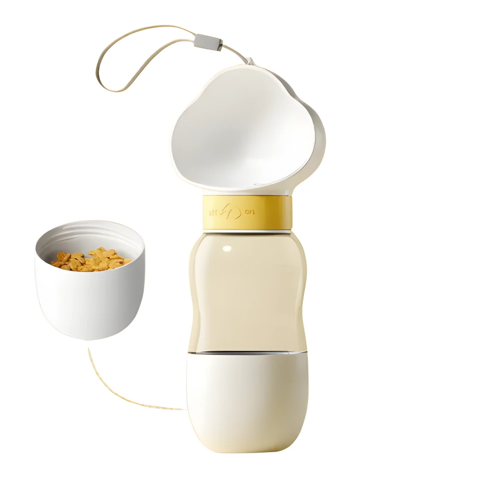 Set de termo dispensador de agua color crema y blanco con comedero para mascotas, ideal para paseos.