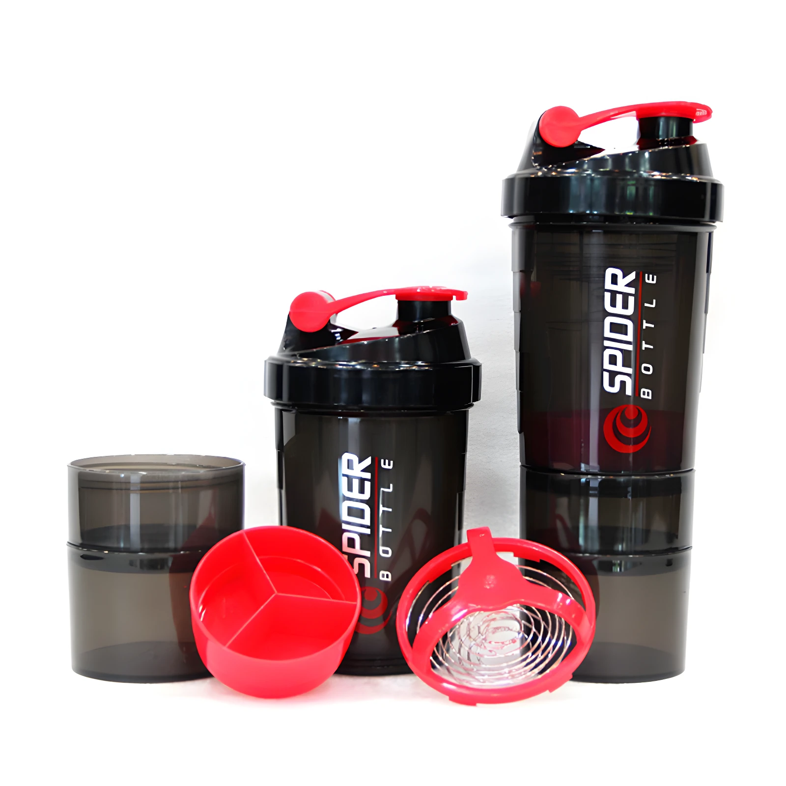 Set x2 termos mezcladores Spider Bottle negros 500ml con tapa roja y accesorio batidor para suplementos.