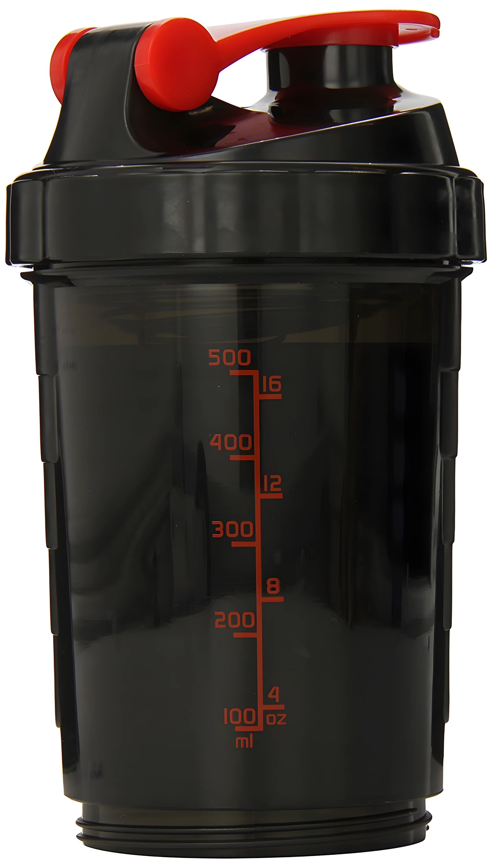 Termo mezclador shaker negro 500ml con tapa roja, medidas en ml y oz.