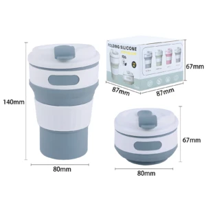 Termo plegable de silicona gris y blanco, con tapa, dimensiones y empaque del producto.