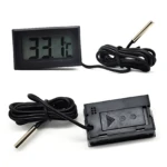 Termómetro digital de bolsillo con pantalla LCD mostrando 33.1°C y sonda metálica, ideal para medir temperatura ambiental.