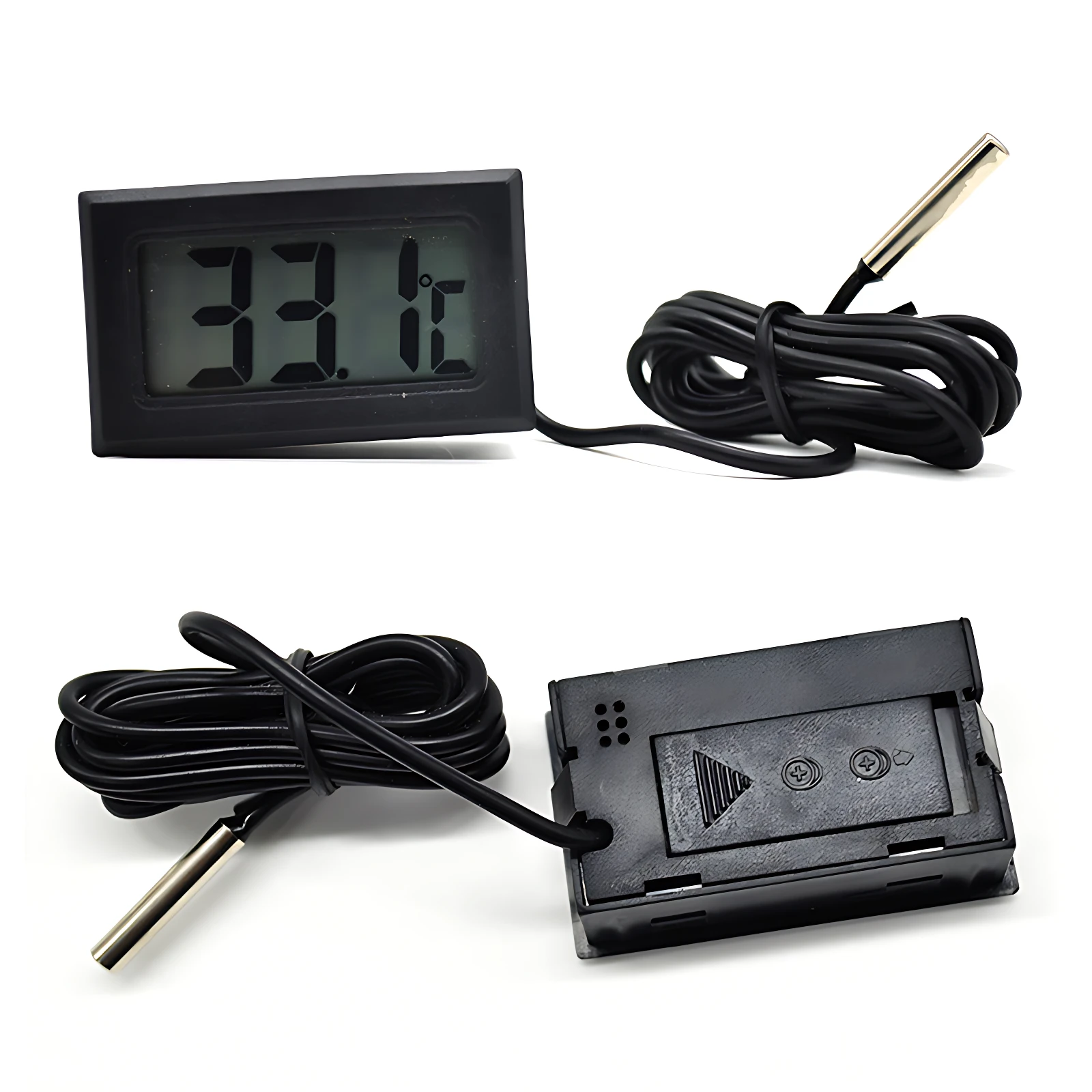 Termómetro digital de bolsillo con pantalla LCD mostrando 33.1°C y sonda metálica, ideal para medir temperatura ambiental.