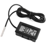 Termómetro digital portátil negro con sonda metálica y cable enrollado. Muestra 30.2°C.