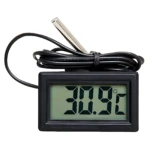 Termómetro digital negro con pantalla LCD mostrando 30.9°C y sonda metálica con cable.