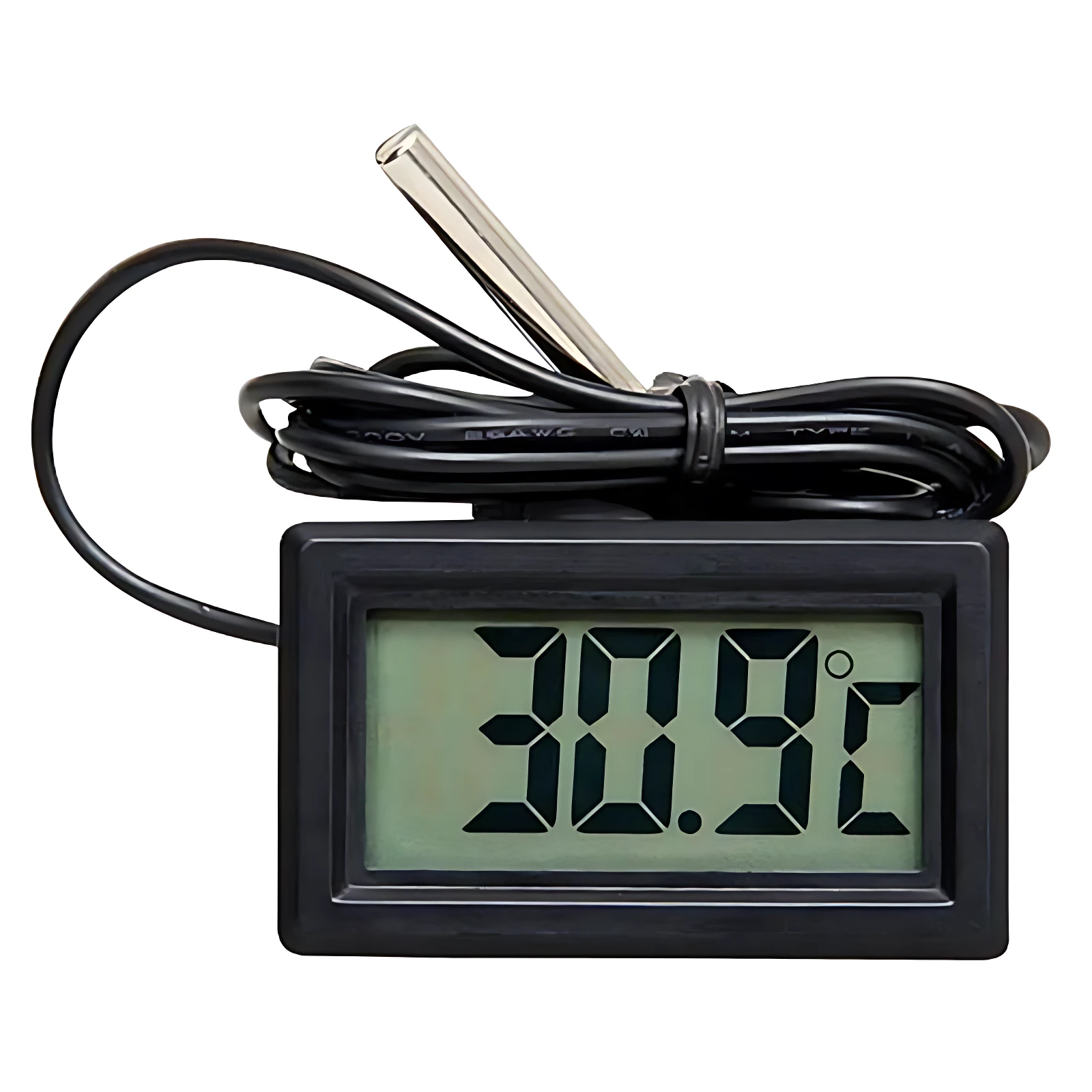 Termómetro digital negro con pantalla LCD mostrando 30.9°C y sonda metálica con cable.