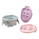 Tina portátil para pies plegable color lila con relieve para masaje y tina azul plegable.