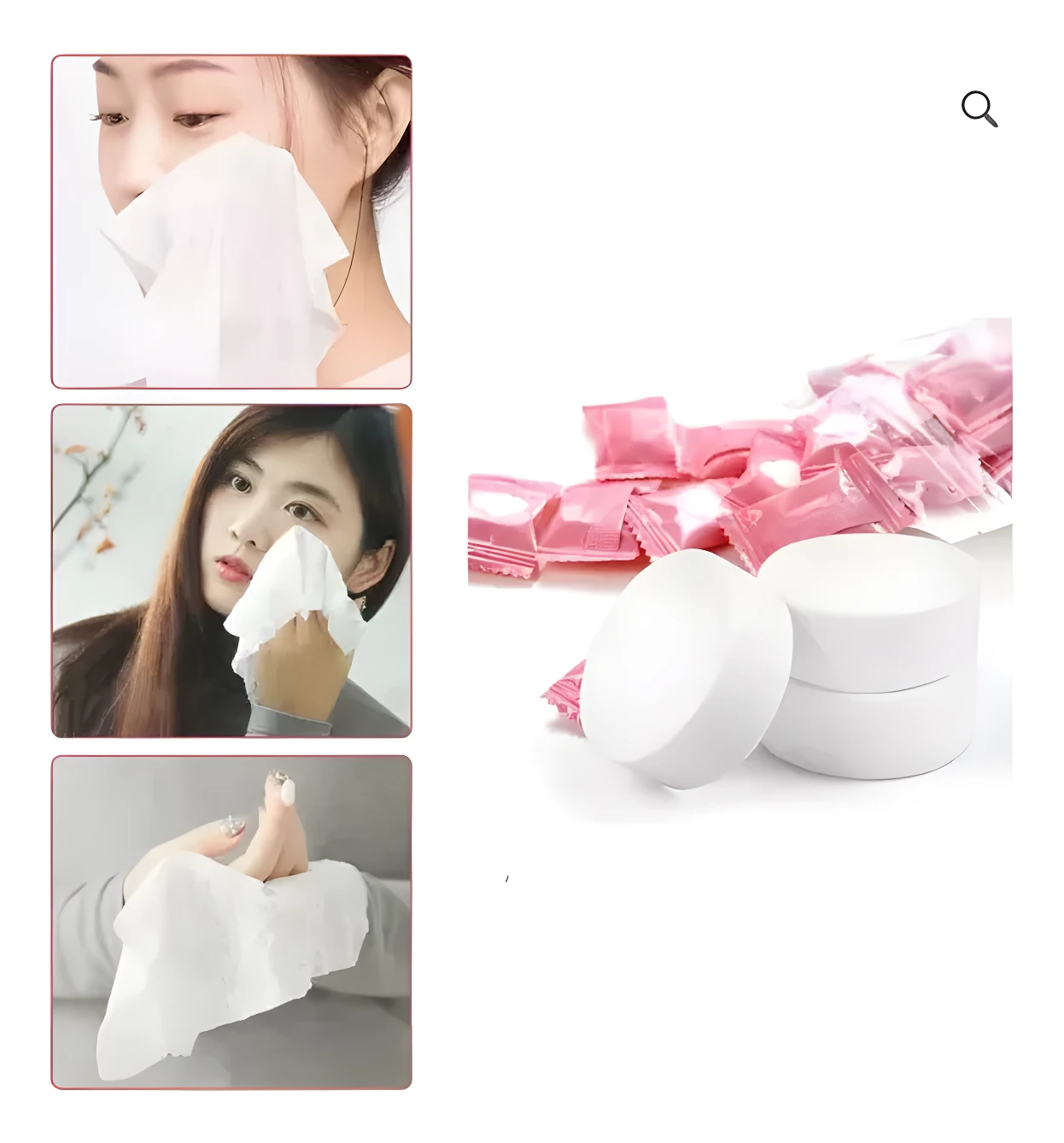 Set x2 toallas compactas para limpieza facial, una en uso y otra desplegada, junto a producto comprimido.