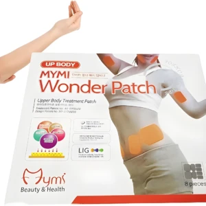 Parches moldeadores MYMI Wonder para abdomen, con modelo sobre fondo blanco y brazo a un lado.