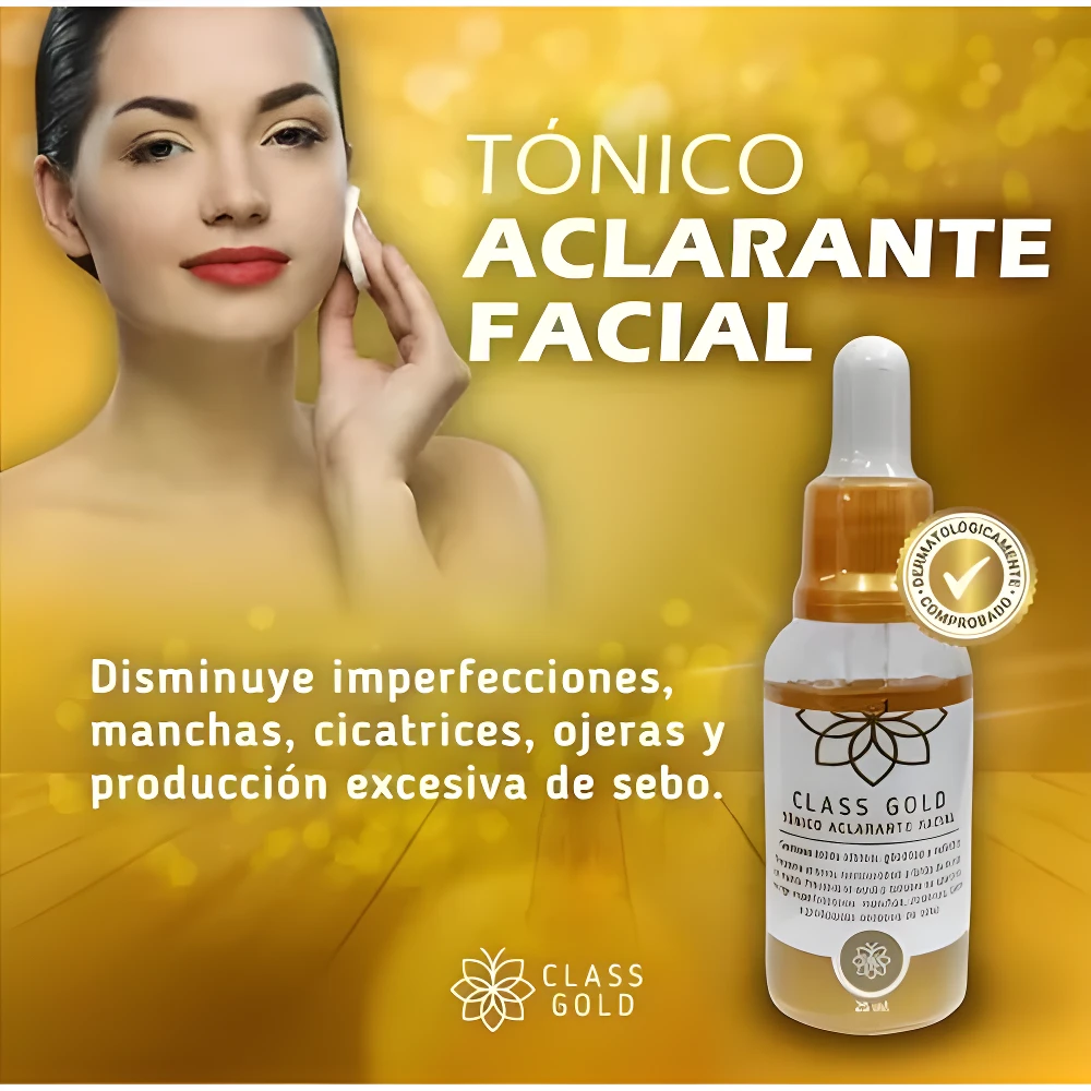 Tónico aclarante facial CLASS GOLD con aplicador. Reduce imperfecciones, manchas y exceso de sebo.