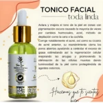 Tónico facial Toda Linda verde en frasco con gotero dorado, aclara y mejora el tono de piel, 30 ml.