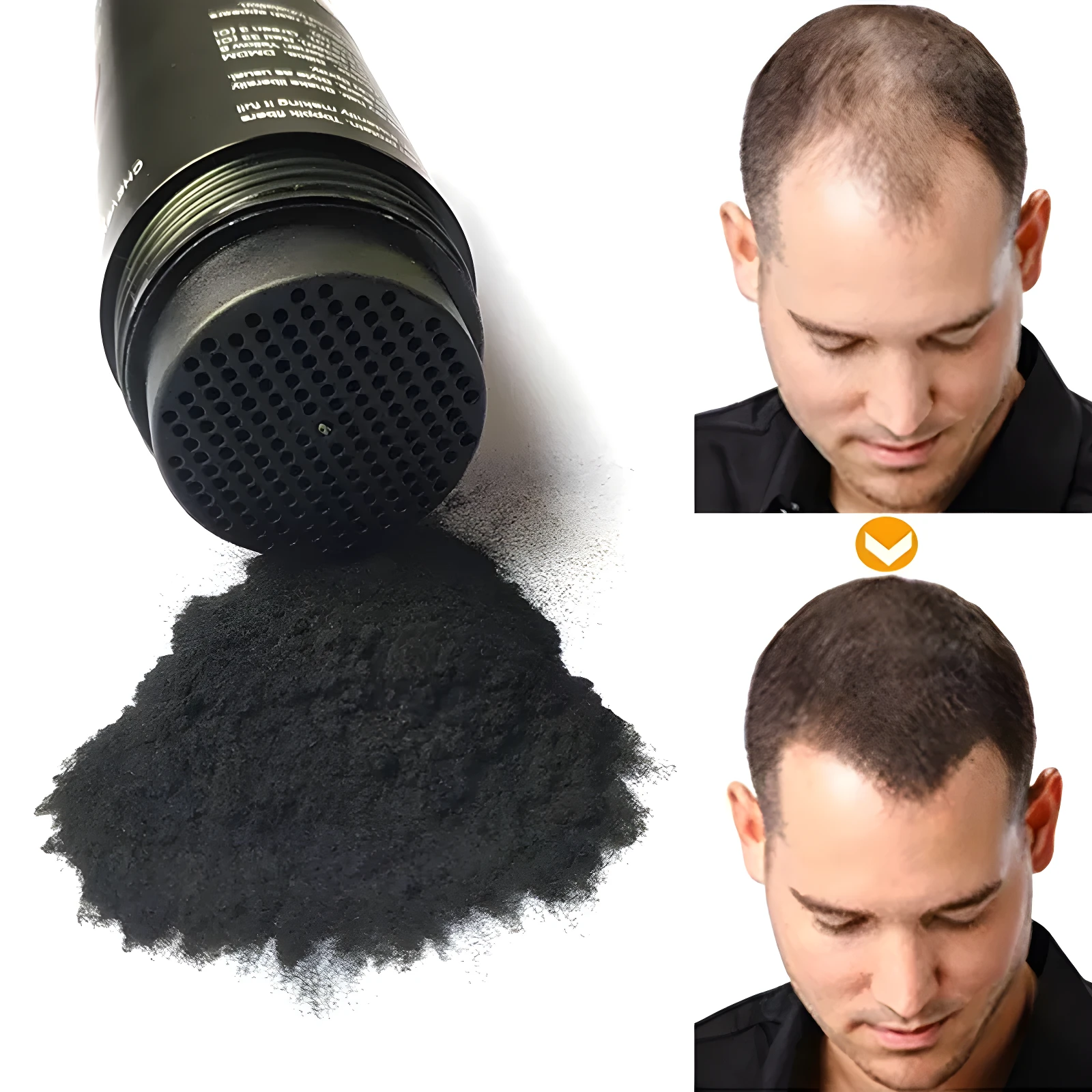 Toppik fibras capilares color negro de 27.5 g. Muestra el envase con aplicador de malla junto a una comparación de antes y después del uso en un hombre.
