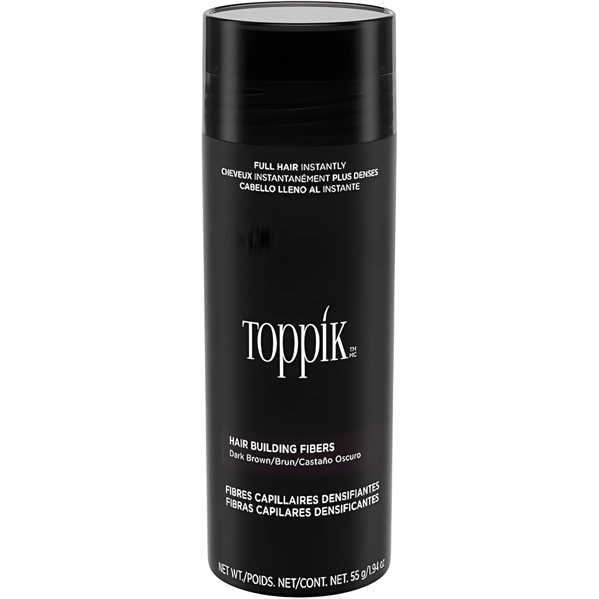 Envase cilíndrico negro de Toppik Fibras Capilares, tono castaño oscuro, con tapa superior y etiqueta frontal legible, contenido de 55 gramos.