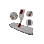 Trapero Spin Mops con mango blanco y rojo, base de microfibra gris, ideal para limpieza de pisos.