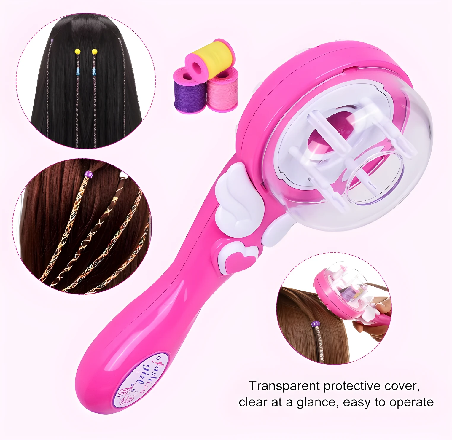 Trenzadora automática rosa con protector transparente, incluye tres bobinas de hilo de colores y muestra ejemplos de peinados decorados en el cabello.