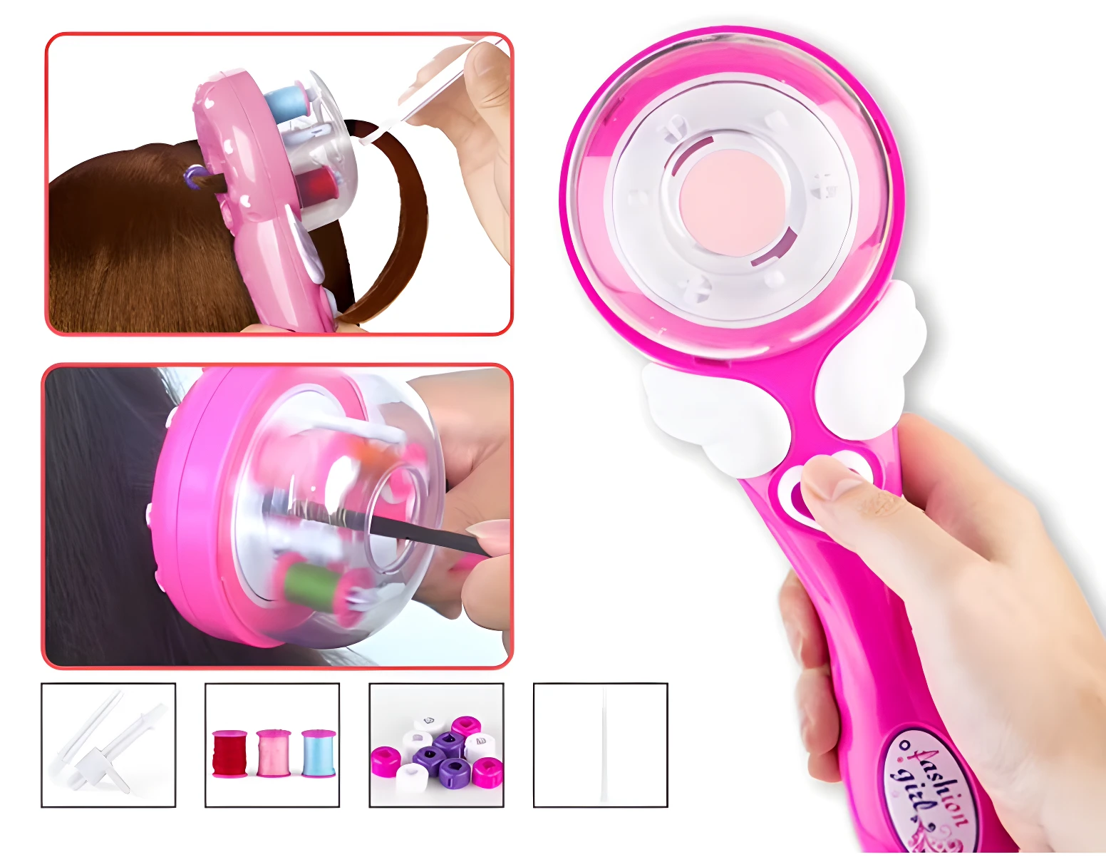 Trenzadora de cabello automática color fucsia con diseño de alas. Incluye bobinas de hilo, cuentas decorativas y herramientas de guía para peinados.