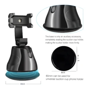 Sujetador de celular con base de ventosa negra y detalle giratorio 360°.