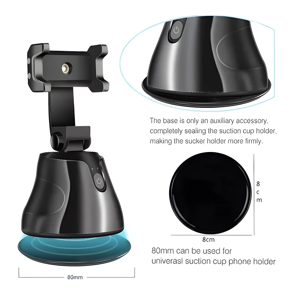 Sujetador de celular con base de ventosa negra y detalle giratorio 360°.