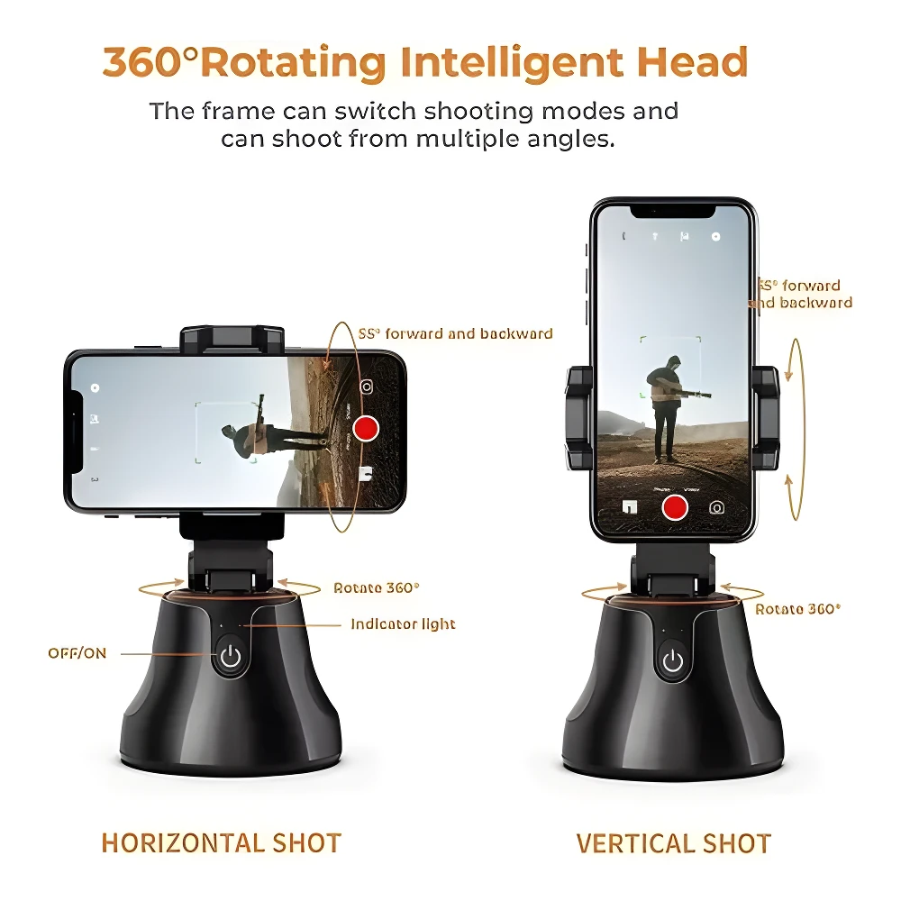 Trípode automático para celular con rotación 360°, ideal para tomas horizontales y verticales.