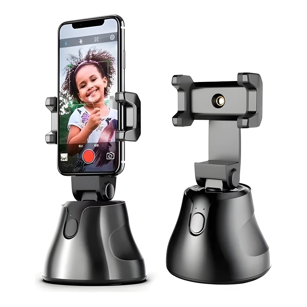 Trípode negro con rotación 360° y soporte para celular, ideal para selfies y videollamadas manos libres.