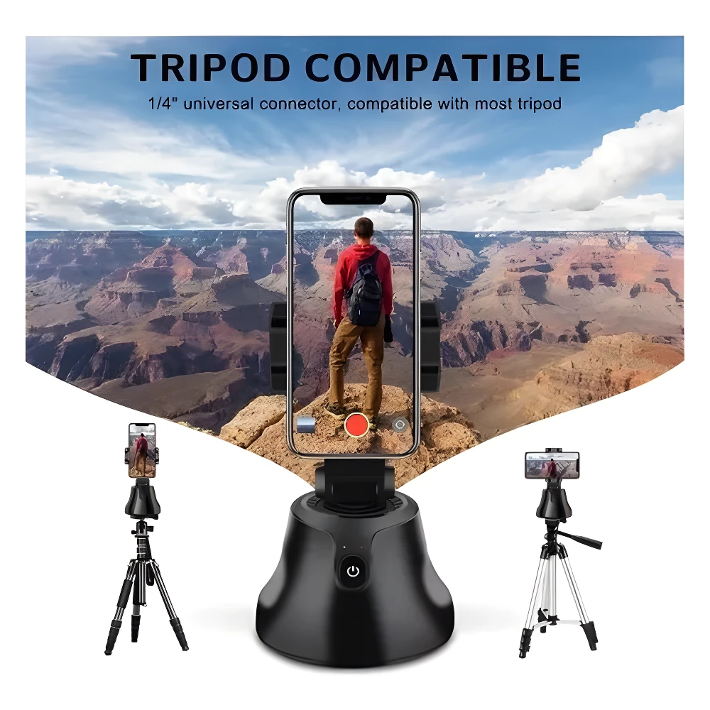 Trípode automático negro con celular grabando en Gran Cañón, compatible con 1/4".