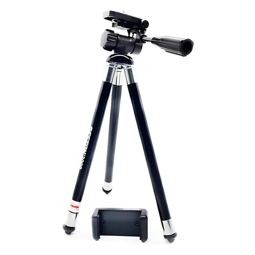 Trípode Beston 2008 107cm negro con celular adjunto, ideal para cámaras y móviles.