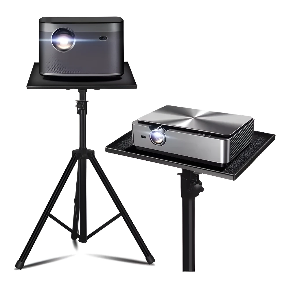 Trípode negro con bandeja para proyectores. Uno gris oscuro, otro plateado.