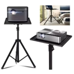 Trípode negro ajustable con bandeja para proyector, ideal para cine en casa y presentaciones.