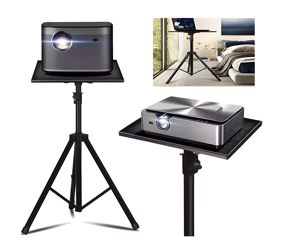 Trípode negro ajustable con bandeja para proyector, ideal para cine en casa y presentaciones.